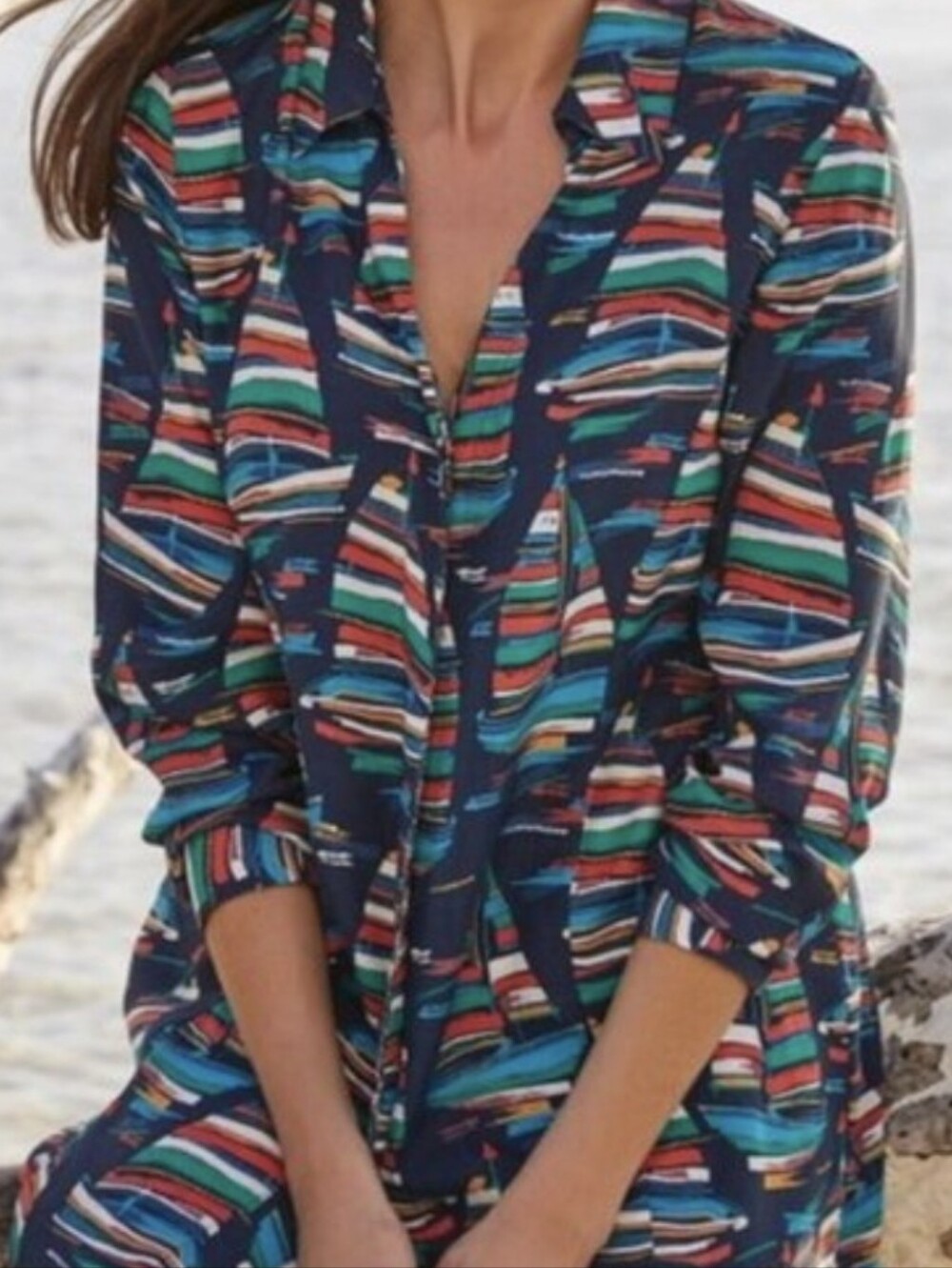 Soft Surroundings Size PM Medium Boat Print Nautical Button Up Shirt Top Blouse